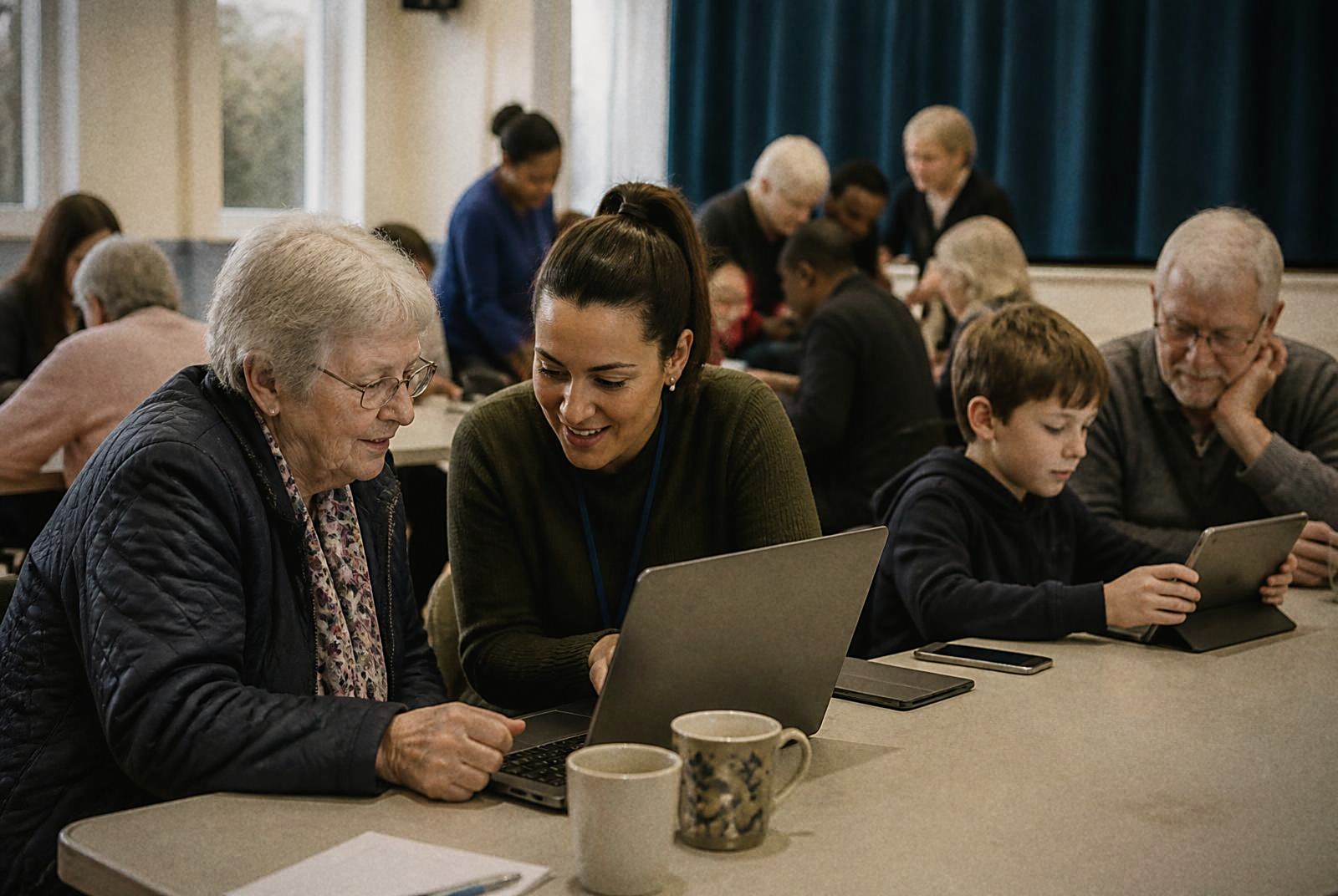 Volunteers supporting local residents with laptops in a community centre