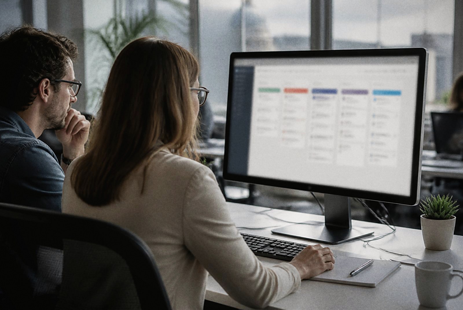 Team reviewing a CRM pipeline on screen