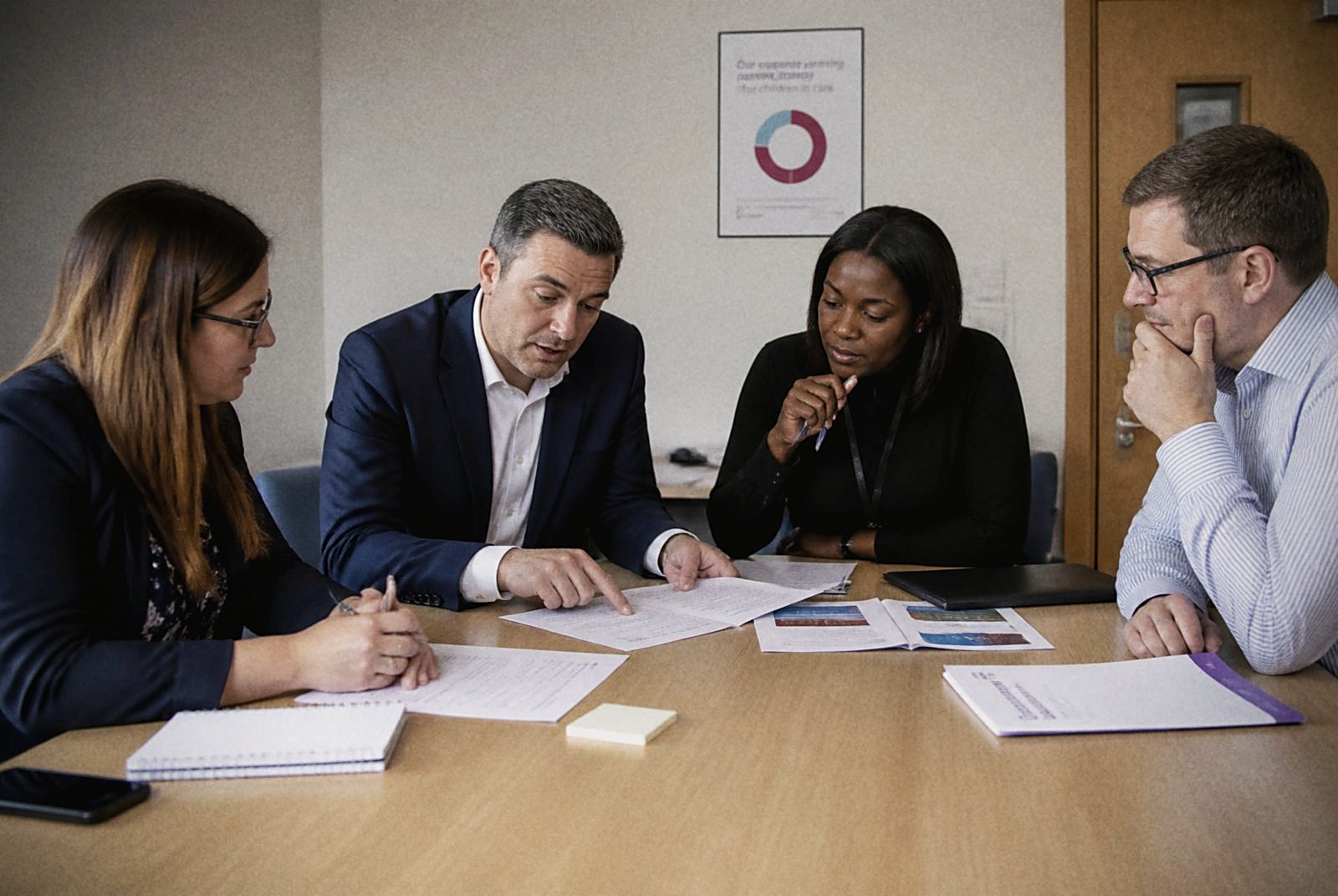 Small governance meeting reviewing policy documents