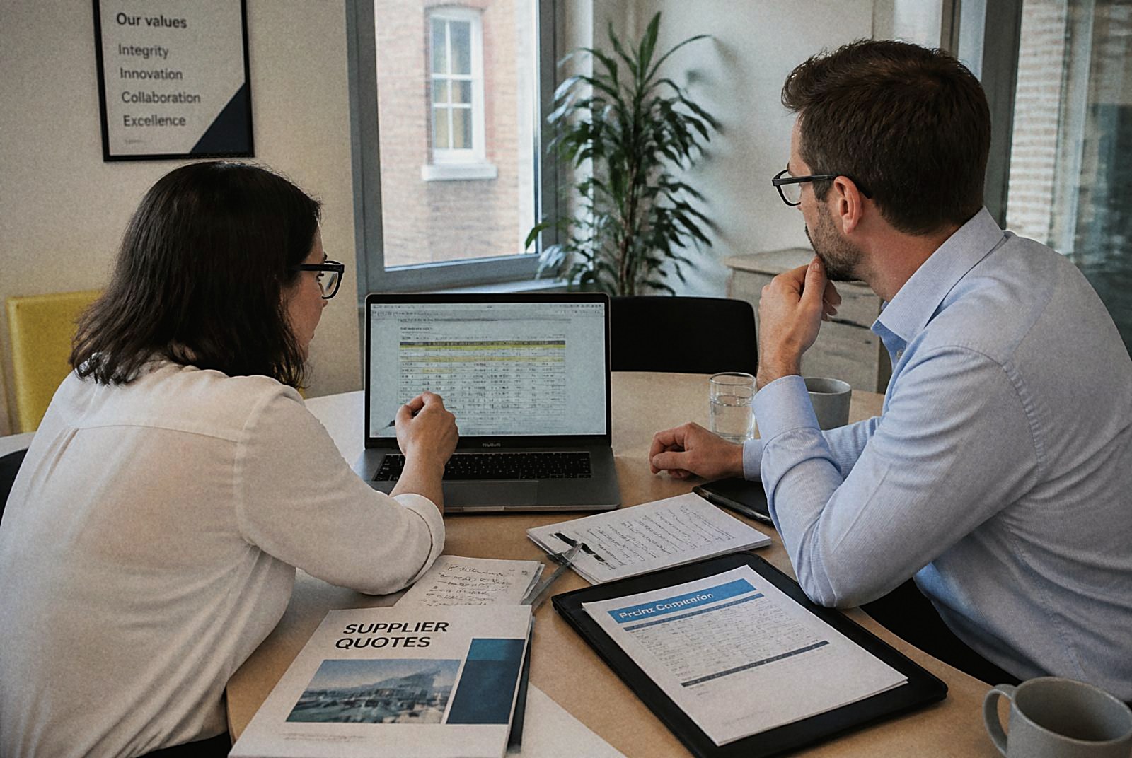 Two professionals comparing supplier quotes on a laptop