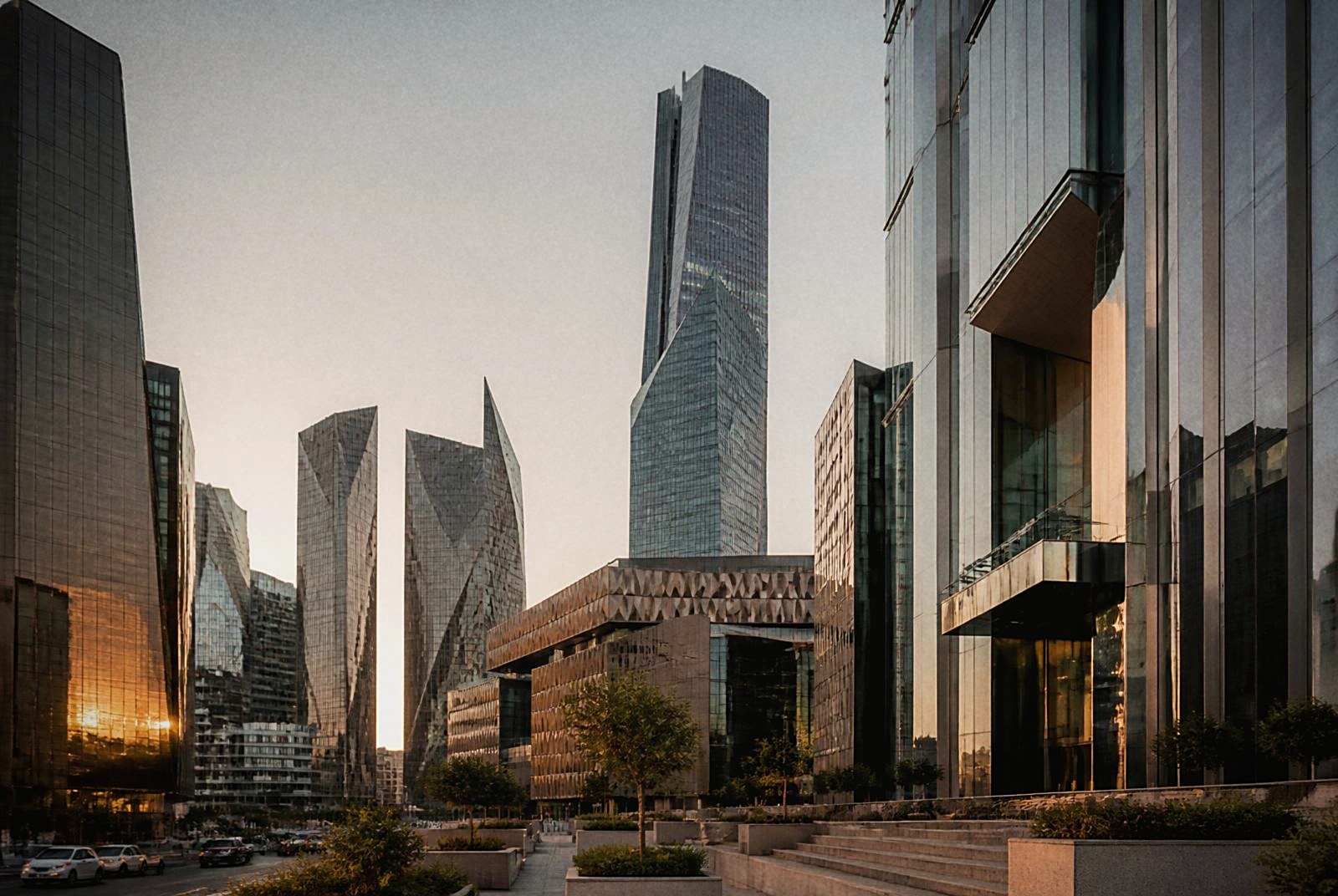 Contemporary Riyadh business district at golden hour